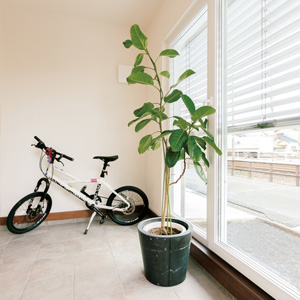 土間のデザインタイルは 陽だまりの蓄熱、エアコンの蓄冷効果を発揮。<br>外部ブラインドで日射を調節できる